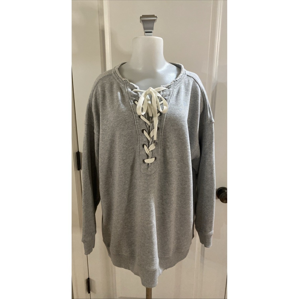 Aerie‎ Lace Up Oversized Crew Sweatshirt Grey Long Sleeve Distressed Size M